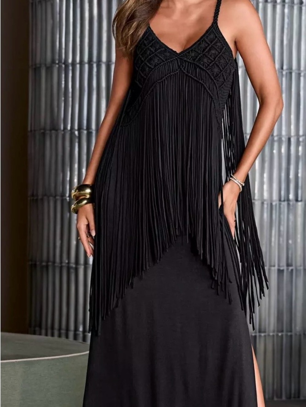 Boston Proper Black Fringe Boho Maxi Dress